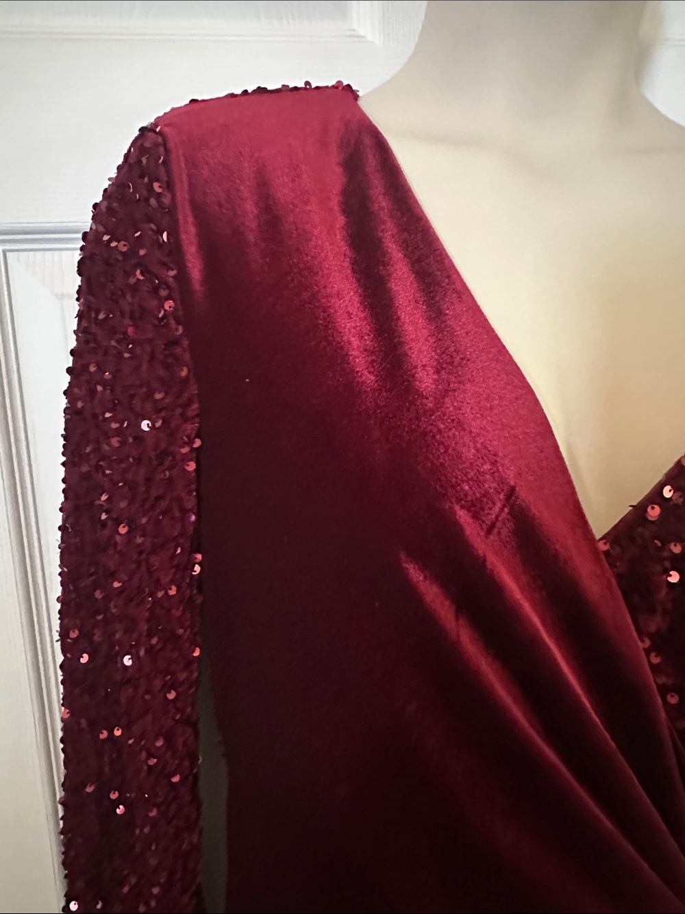 Burgundy Sequin Velvet Long-Sleeve Wrap Gown - Picture 7 of 7